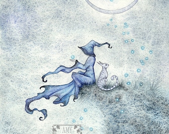 SIGNED 8x10 PRINT Sliver crescent moon fairy cat magic by Amy Brown