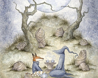 SIGNED 8x10 PRINT Moon Tea with fox by Amy Brown