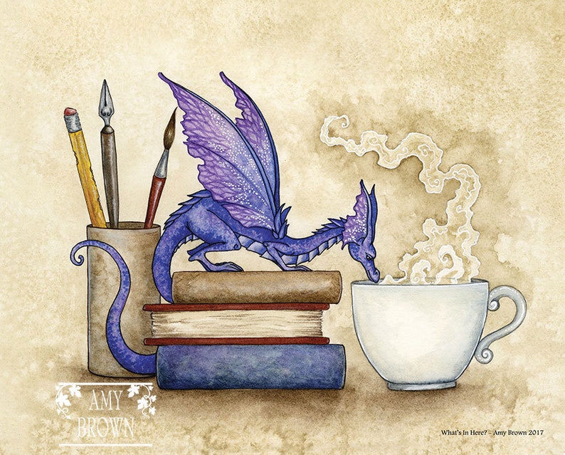 SIGNED 8x10 PRINT What's In Here dragon bookworm by Amy Brown image 1