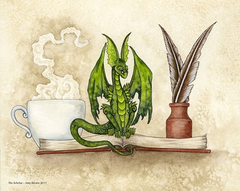 PRINT The Scholar dragon bookworm by Amy Brown