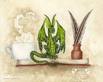 SIGNED 8x10 PRINT The Scholar dragon bookworm by Amy Brown