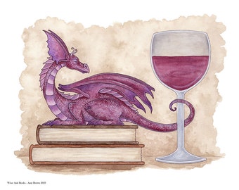 SIGNED 8x10 PRINT Wine & Books Dragon by Amy Brown