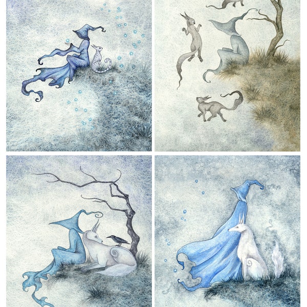 SIGNED 5x7 PRINT SET Dark Woods series blue mages by Amy Brown