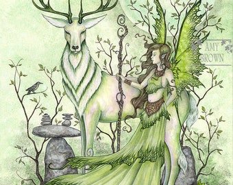 SIGNED 8x10 PRINT Guardian fairy and stag by Amy Brown