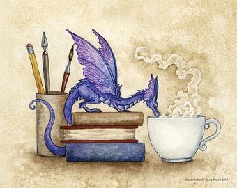 SIGNED 8x10 PRINT What's In Here dragon bookworm by Amy Brown