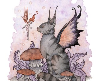 SIGNED 8x10 PRINT Curious Encounter fairy cat by Amy Brown