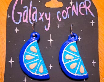 Handmade Polymer Clay Blue Fruit Slice Dangly Earrings