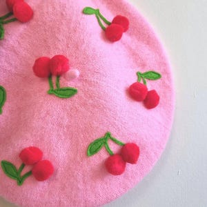 Pretty cherry pom pom beret hat / Novelty Cottage core Kitsch Hat / Ladies Cute Quirky Fashion