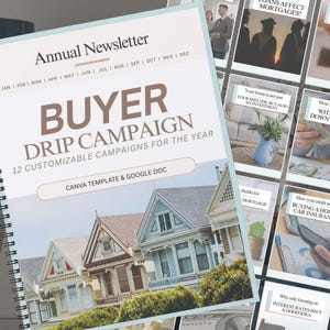 Roczny newsletter, kampania typu drip dla kupujących, całoroczny pakiet newsletterów dla branży nieruchomości, automatyzacja marketingu e-mailowego, szablon Canva