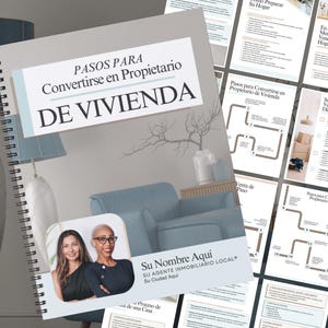 May include: A spiral bound guide titled "Pasos Para Convertirse en Propietario de Vivienda" with a photo of a living room with a couch and a plant. The guide includes steps for becoming a homeowner.