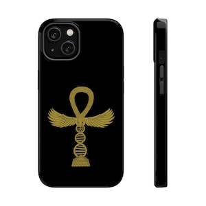 May include: A black smartphone case featuring a gold-colored graphic of an ankh symbol combined with a DNA double helix structure and a pyramid base. The design is centered on the back of the case, which also shows a side profile view of the case.