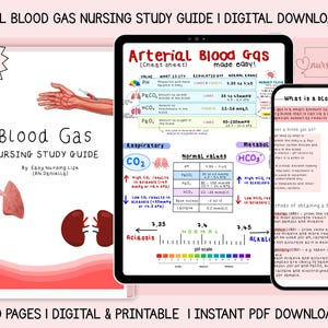 May include: A digital download study guide for arterial blood gas nursing. The guide includes a spiral-bound notebook, a tablet with a cheat sheet, and a smartphone with information. The text includes "Blood Gas Nursing Study Guide" and "Arterial Blood Gas made easy!"