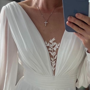 Minimalist Chiffon Wedding Dress with Long Sleeves – V-Neck Bridal Gown, Simple Modest Dress for Church or Outdoor Wedding