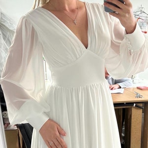 Romantic Chiffon Wedding Dress • V Neck Long Sleeve Bridal Gown • Simple Flowy Boho Wedding Dress