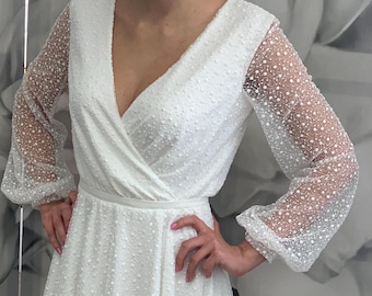 Romantic Polka Dot Tulle Midi Wedding Dress | Wrap Bodice & Sheer Sleeves | Vintage-Inspired Bridal Gown for Modern Brides - Handmade Custom
