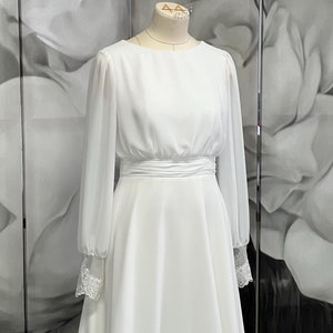 Classic Simple Chiffon Wedding Dress Long Sleeves High Collar Modest Wedding Dress Minimalist Boho Wedding Dress, Custom wedding dress
