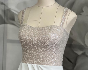Strapless wedding dress with slight wavy neckline, fitted crepe skirt, wedding dress with sparkling crystals, custom wedding dress