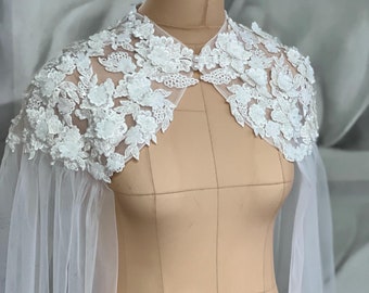 Lace wedding cape Long cathedral cape Floral print cape Shoulder cape Veil Petal veil White veil lace wedding bridal cape