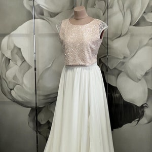 Two-piece wedding dress, wedding top with chiffon skirt with train, wedding top with skirt, boho style wedding dress