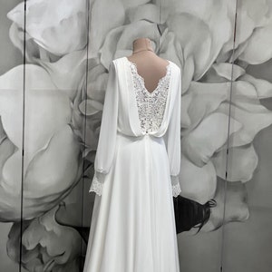 Long Sleeve Wedding Dress with Lace Back – Soft Chiffon Bridal Gown with Train | Modest Wedding Dress with Pearl Buttons