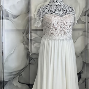 Romantic High Neck Lace Wedding Dress with Short Sleeves and Flowing Chiffon Skirt | Victorian Style Bridal Gown with Train
