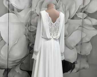 Long Sleeve Wedding Dress with Lace Back – Soft Chiffon Bridal Gown with Train | Modest Wedding Dress with Pearl Buttons