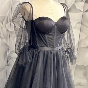 Black Gothic Wedding Dress with Corset and Puff Sleeves | Tulle Bridal Gown for Alternative Brides | Dark A-Line Gown