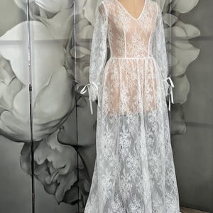 Abito da sposa in pizzo, abito da sposa trasparente, abito da boudoir a maniche lunghe, abito in pizzo trasparente, lingerie da sposa sexy