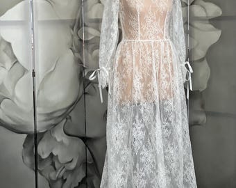 Bridal Lace Robe, Sheer Wedding Getting Ready Dress, Long Sleeve Boudoir Gown, See Through Lace Gown, Sexy Bridal Lingerie