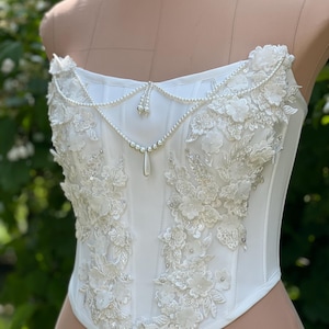 bridal white corset pearl trim bodycon dress Pearl-Draped Lace Corset Mini Wedding Dress