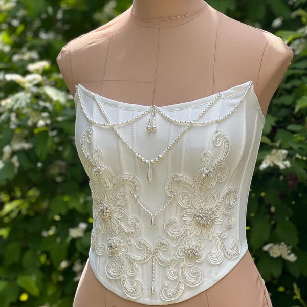 Hand-Beaded Pearl Wedding Corset: Strapless Lace Bridal Bustier