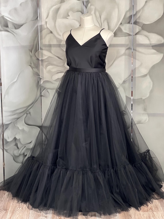 Black Tulle Skirt and Satin Slip Dress Set  Gothic Formal Gown, Black  Evening Dress, Tulle Maxi Skirt, Dark Wedding Guest Outfit - Etsy