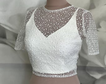 Two-Piece Wedding Top with Dot Tulle and Pearl Buttons, Sheer Bridal Crop Top, Short Sleeve Wedding Separate, Adjustable Straps