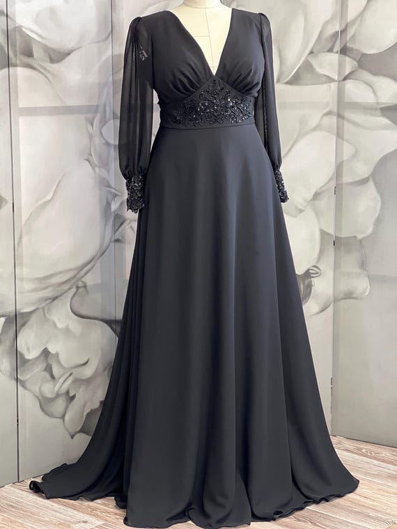 Abito da sera nero a maniche lunghe – Abito elegante con vita e