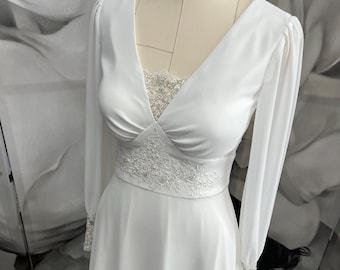 Ivory Wedding Dress with Lace Insert | Chiffon A-Line Gown with Sleeves | Custom Bridal Dress