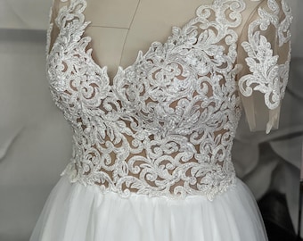 Lace wedding dress, Layered tulle wedding dress, Classic A-Line corset wedding dress, Long sleeve wedding dress, Custom wedding dress