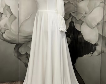 Crepe Wedding Dress with Chiffon Puff Sleeves – Square Neck Bridal Gown for Civil Ceremony or Elopement