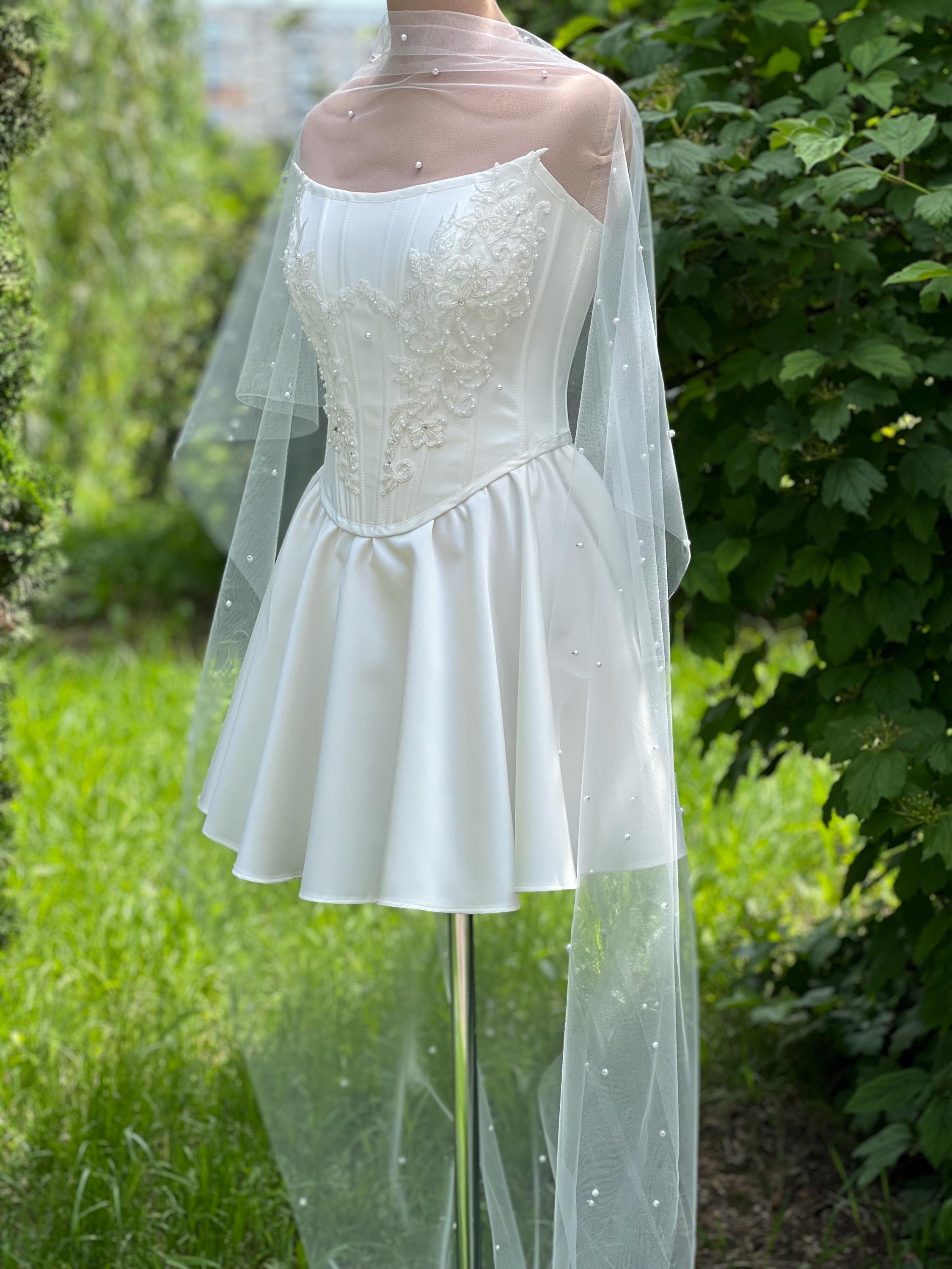 Satin Corset Mini Wedding Dress: Lace & Beaded Bridal Set
