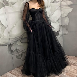 Gothic Black Wedding Dress – Corset Gown with Tulle Lantern Sleeves, Long Train, Boho Alternative Bridal Dress