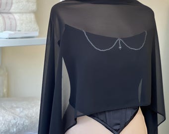 Black Bridal Scarf – Sheer Wedding Wrap or Gothic Evening Shawl | Lightweight Chiffon Accessory for Corset Dresses