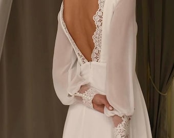 Elegant Chiffon Wedding Dress – Long Sleeves, Open Back Lace Cuffs – Lightweight Boho Bridal Gown for Romantic & Modern Brides