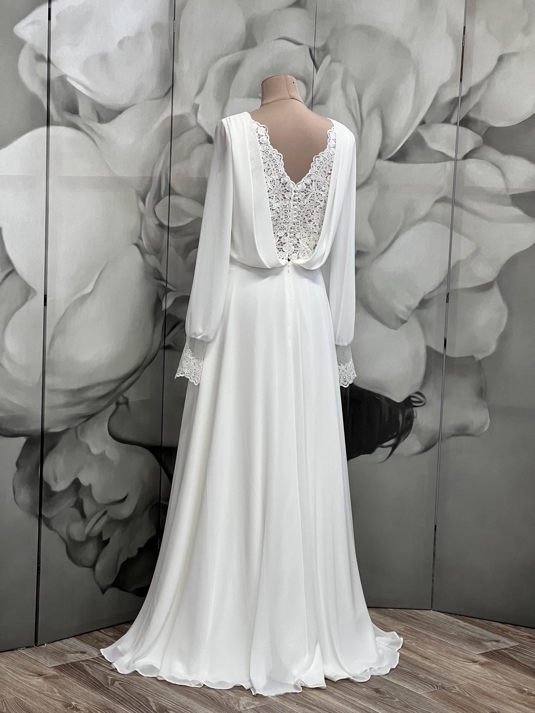 long sleeve lace and chiffon wedding dress Elegant V-Neck Half Sleeves Long Lace Chiffon Wedding Dress