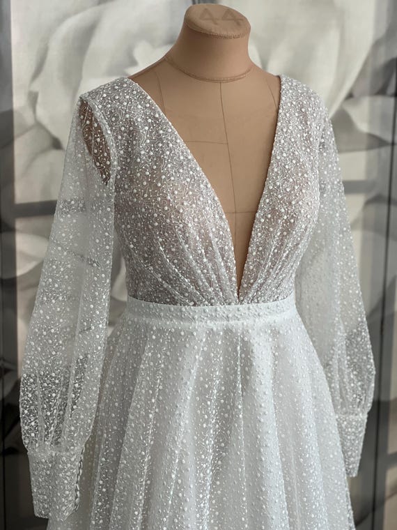 sheer polka dot wedding dress Sheer Long Sleeves Polka Dot A-Line Wedding Dress HAREM's Brides