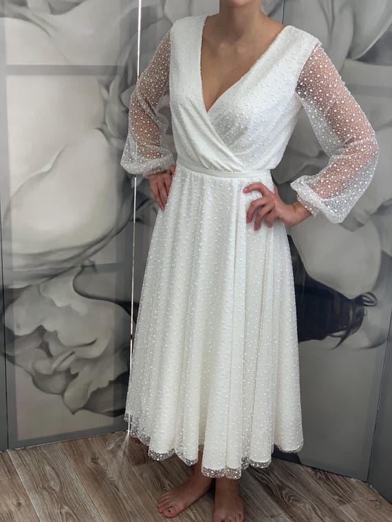 sheer polka dot wedding dress Sheer Long Sleeves Polka Dot A-Line Wedding Dress EU46