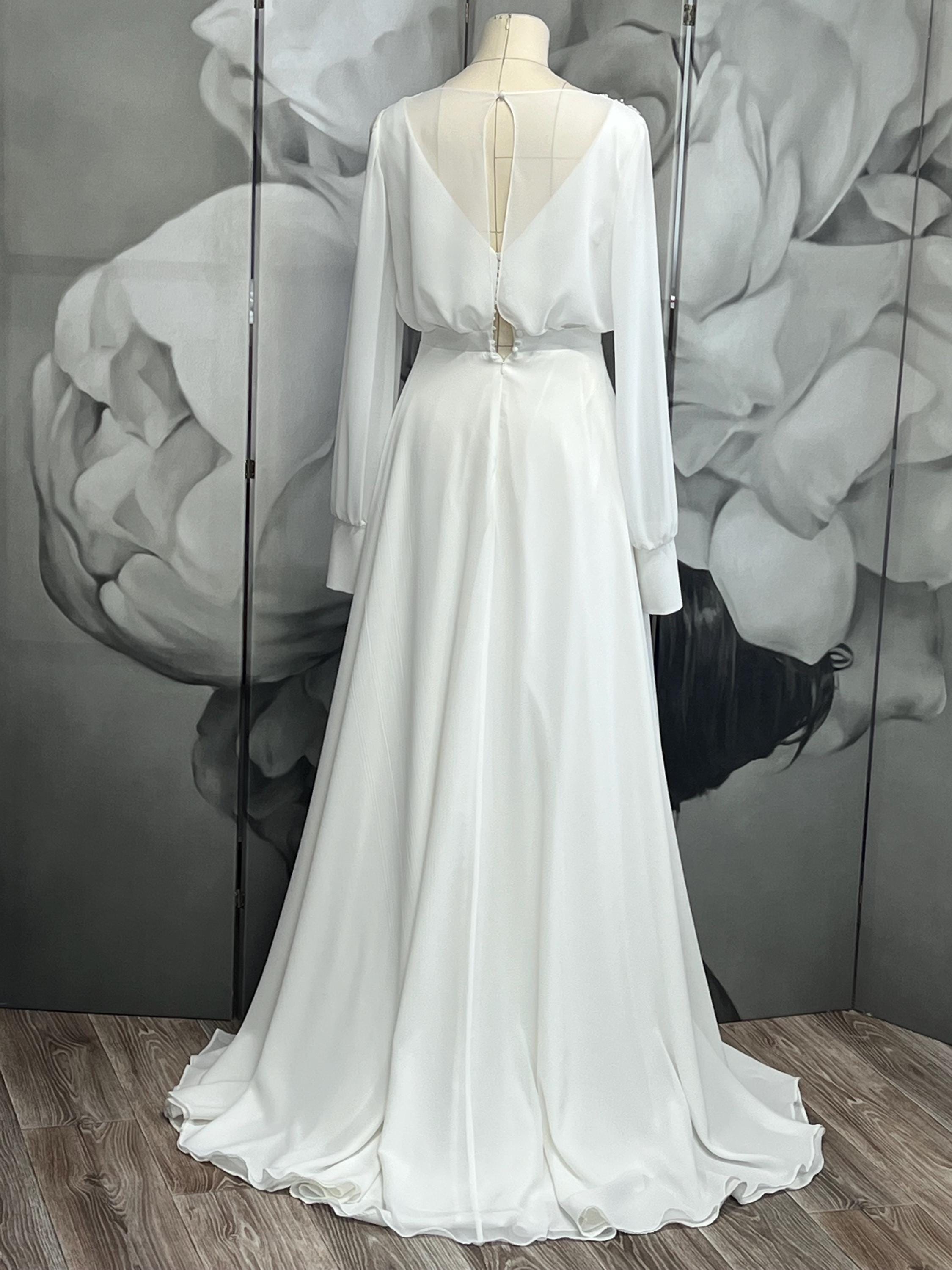 etsy chiffon wedding dress Modest Chiffon Wedding Dress With Puff Short Sleeves and Lace Cuffs Isolde