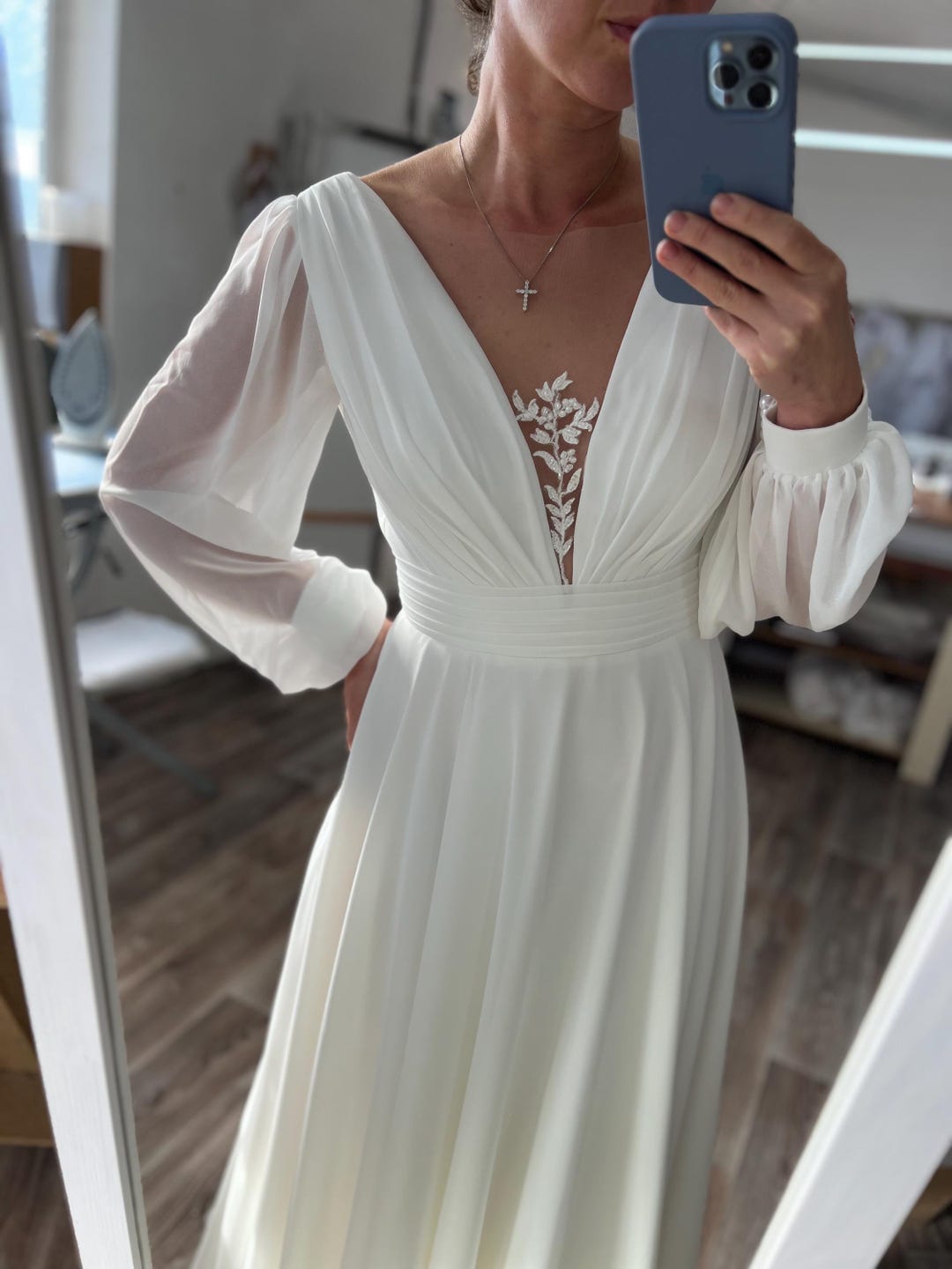 V Neck Chiffon Tea Length Long Sleeve Wedding Dress main image 1
