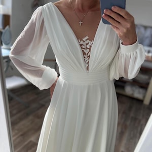 Simple Elegant Chiffon Wedding Dress with Loose Sleeves and Corset Bodice Beach Wedding Dress Elopement Dress, Custom Wedding Dress