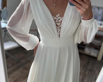 Simple Elegant Chiffon Wedding Dress with Loose Sleeves and Corset Bodice Beach Wedding Dress Elopement Dress, Custom Wedding Dress