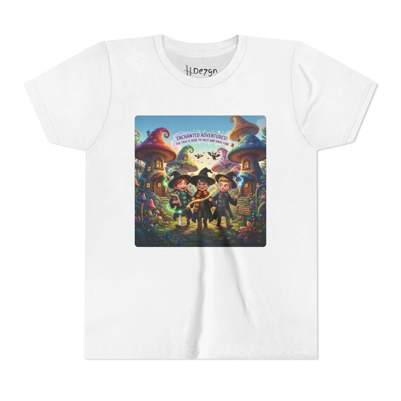 Youth Short Sleeve Tee | Friendly Young Wizards Exploring Enchanted Mushroom Homes - Kids Fantasy Apparel