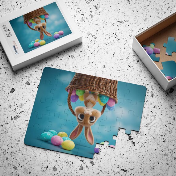 Kids' Puzzle: Playful Upside Down Bunny Hanging from Basket with Easter Eggs